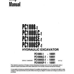 May include: A white shop manual cover with black text. The title "Shop Manual" is at the top, and the model numbers PC1000-1, PC1000LC-1, PC1000SE-1, and PC1000SP-1 are listed. The text "HYDRAULIC EXCAVATOR" is also visible.