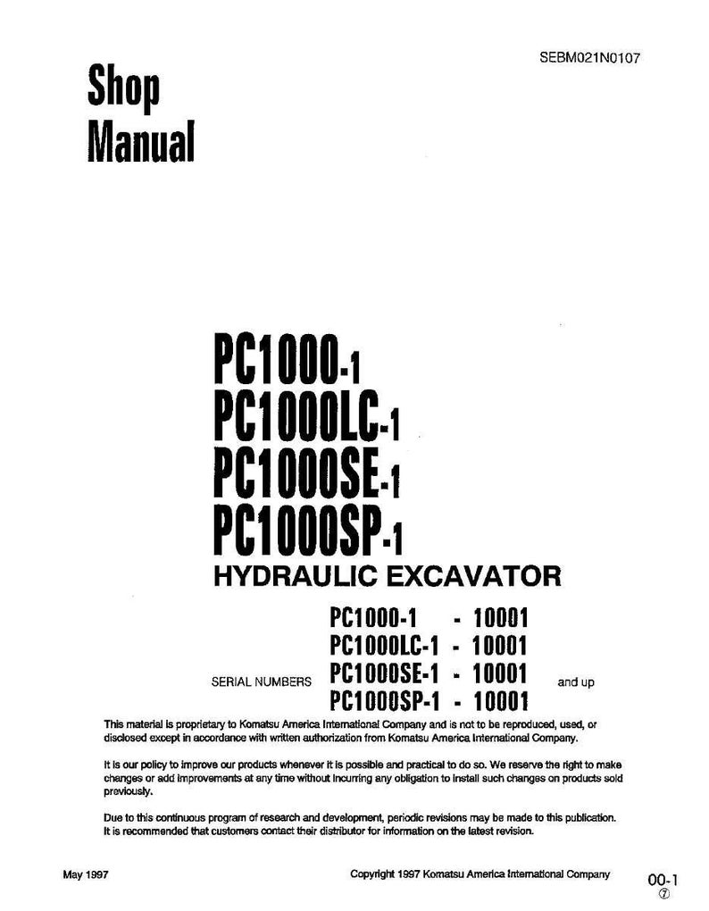 May include: A white shop manual cover with black text. The title "Shop Manual" is at the top, and the model numbers PC1000-1, PC1000LC-1, PC1000SE-1, and PC1000SP-1 are listed. The text "HYDRAULIC EXCAVATOR" is also visible.
