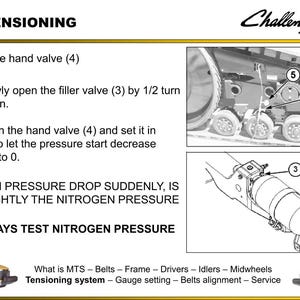 May include: Diagram illustrating the detensioning process for a Challenger machine. The image includes numbered steps, diagrams of machine components, and the Challenger logo. Text advises to always test nitrogen pressure.