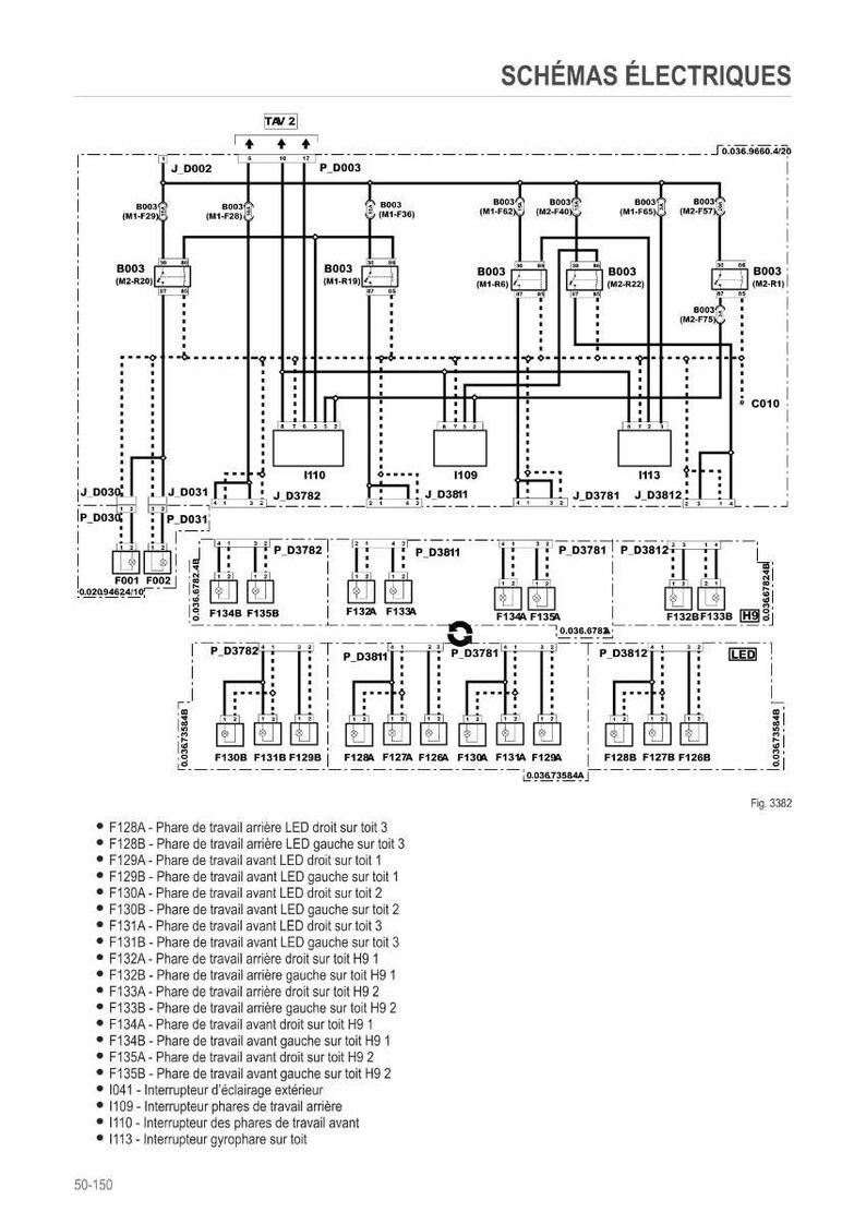 Puede incluir: Diagrama esquem&aacute;tico de circuitos el&eacute;ctricos con etiquetas y diagramas. Incluye texto en franc&eacute;s, detallando varios componentes como luces LED, interruptores y configuraciones de cableado. El diagrama es complejo.