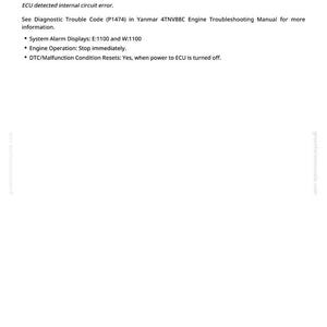 Op de afbeelding: Een witte pagina met zwarte tekst met details over een interne fout van de Engine Control Unit (ECU). De tekst bevat de foutcode, een beschrijving van de fout en informatie over probleemoplossing. De pagina bevat ook systeemalarminstallaties en motorbedieningsinstructies.