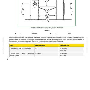 May include: Diagram of a connecting rod journal with labeled dimensions E, F, G, and H. Includes a table with measurements in inches and millimeters for the connecting rod journal.