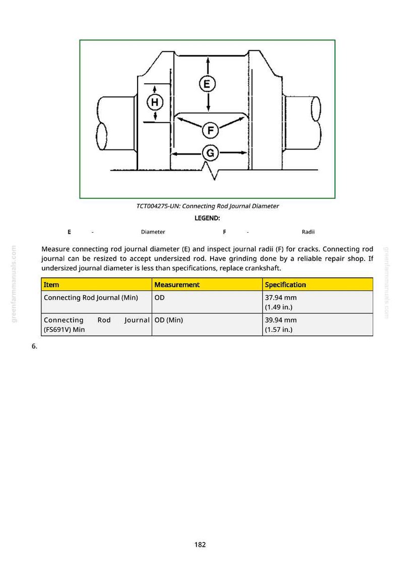 May include: Diagram of a connecting rod journal with labeled dimensions E, F, G, and H. Includes a table with measurements in inches and millimeters for the connecting rod journal.