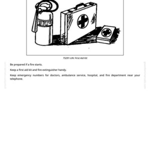 Pode incluir: Ilustra&ccedil;&atilde;o a preto e branco de itens de prepara&ccedil;&atilde;o para emerg&ecirc;ncias. Inclui um extintor, um kit de primeiros socorros com uma cruz e um kit menor. Texto: "Prepare for Emergencies" e "TS291-UN: First Aid Kit."