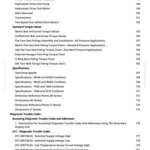May include: A detailed technical document with a table of contents. The document lists specifications, diagnostic trouble codes, and torque values. The text includes terms like "Engine Serial Number," "Torque Chart," and "Diagnostic Trouble Codes."