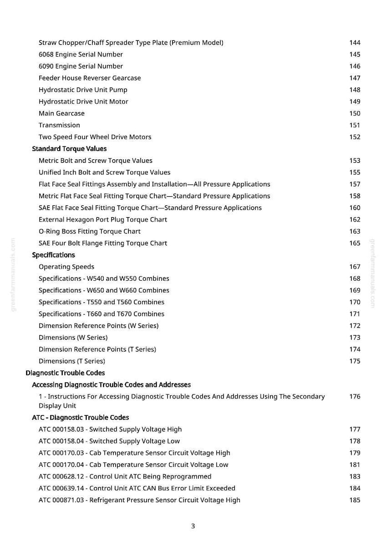 May include: A detailed technical document with a table of contents. The document lists specifications, diagnostic trouble codes, and torque values. The text includes terms like "Engine Serial Number," "Torque Chart," and "Diagnostic Trouble Codes."