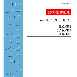 May include: A service manual for a marine diesel engine. The cover features the word "YANMAR" in large, light blue letters on a darker blue background. The text "SERVICE MANUAL" is in a red rectangle. Engine models 6LY2-STE, 6LY2A-STP, and 6LYA-STP are listed.