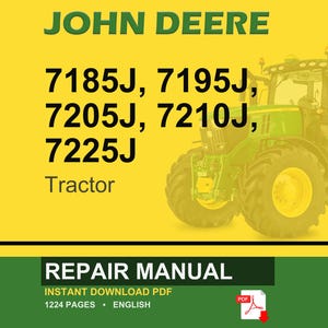Op de afbeelding: Een John Deere reparatiehandleiding omslag met een groene tractor op een gele achtergrond. De tekst bevat "JOHN DEERE", tractormodelnummers en "REPAIR MANUAL". De PDF-handleiding heeft 1224 pagina's.