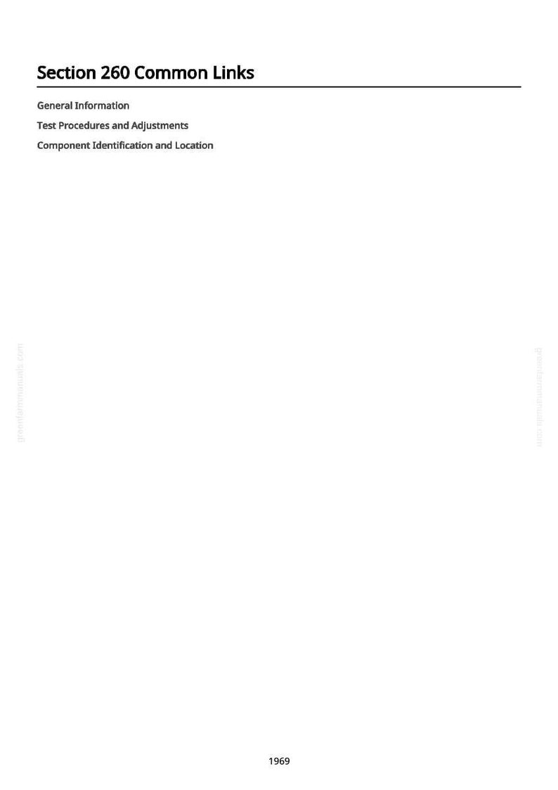 May include: A white page with the title "Section 260 Common Links" and a list of topics: General Information, Test Procedures and Adjustments, and Component Identification and Location. The number "1969" is at the bottom.