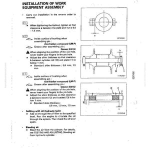 May include: A page from a work equipment assembly manual, featuring diagrams and instructions for installation. The text includes details on tightening, clearances, and the use of anti-friction compounds and grease. Measurements are in millimeters.