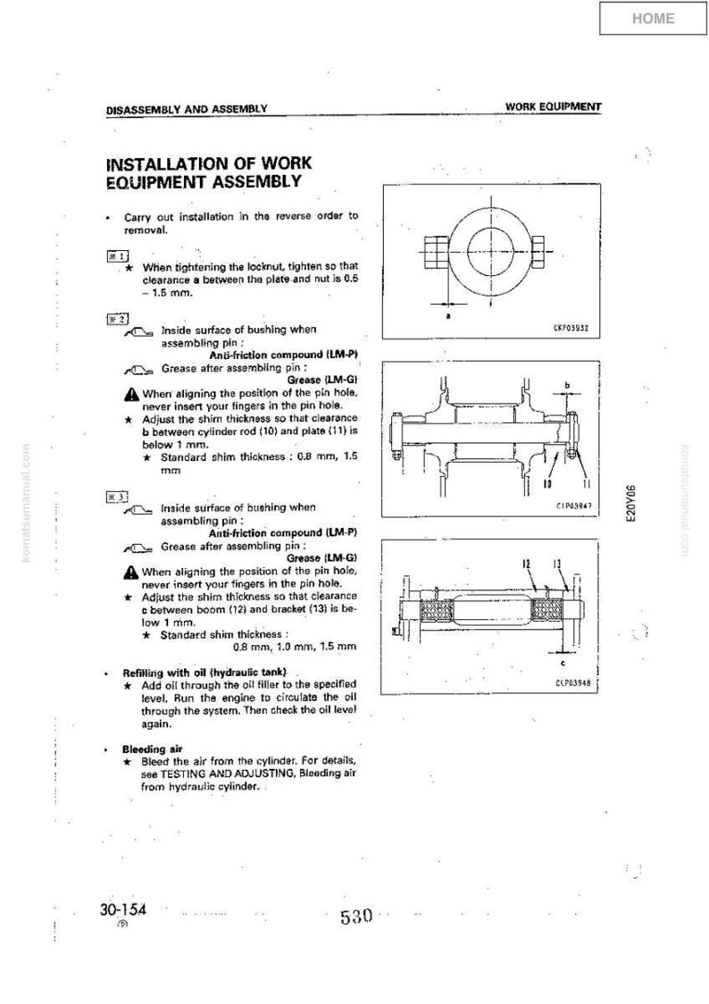 May include: A page from a work equipment assembly manual, featuring diagrams and instructions for installation. The text includes details on tightening, clearances, and the use of anti-friction compounds and grease. Measurements are in millimeters.