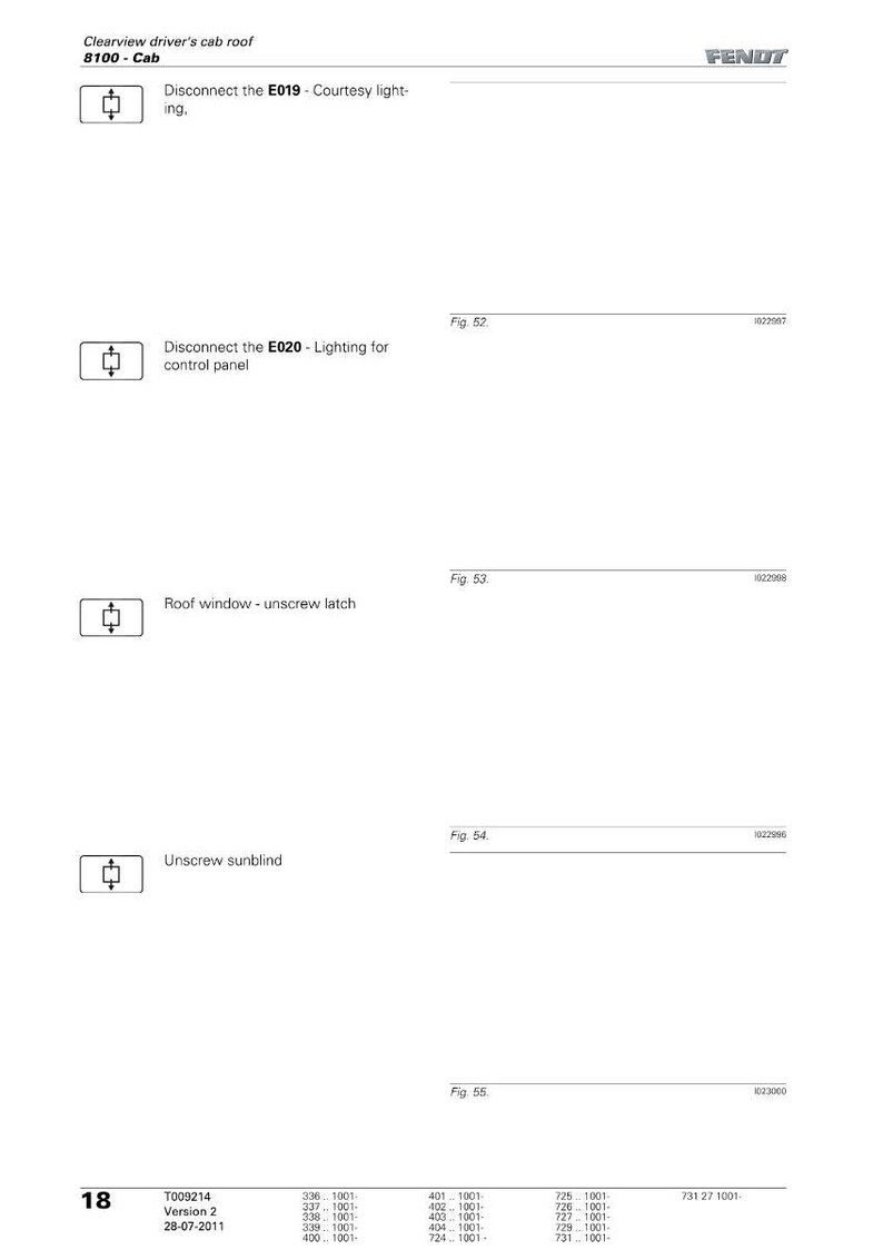 Op de afbeelding: Een pagina uit een handleiding met de tekst "Clearview driver's cab roof 8100 - Cab". Diagrammen illustreren het loskoppelen van lichten, bedieningspanelen en het losschroeven van een dakraam en zonnescherm. Het Fendt-logo is zichtbaar.