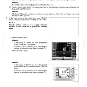 May include: A page from a manual detailing blade edge position calibration. It includes text instructions, diagrams of control panels, and technical specifications for machinery. The document is for testing and adjusting.