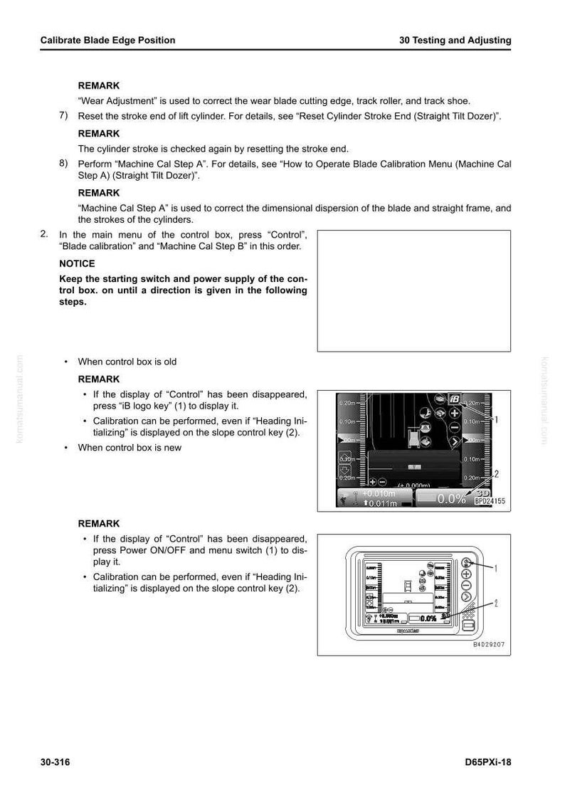 May include: A page from a manual detailing blade edge position calibration. It includes text instructions, diagrams of control panels, and technical specifications for machinery. The document is for testing and adjusting.