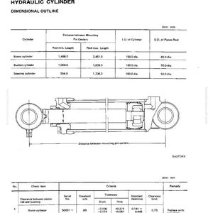 May include: Diagram of a hydraulic cylinder with dimensional outlines and maintenance standards. Includes measurements in millimeters for boom, bucket, and steering cylinders. Features a detailed schematic and technical specifications.