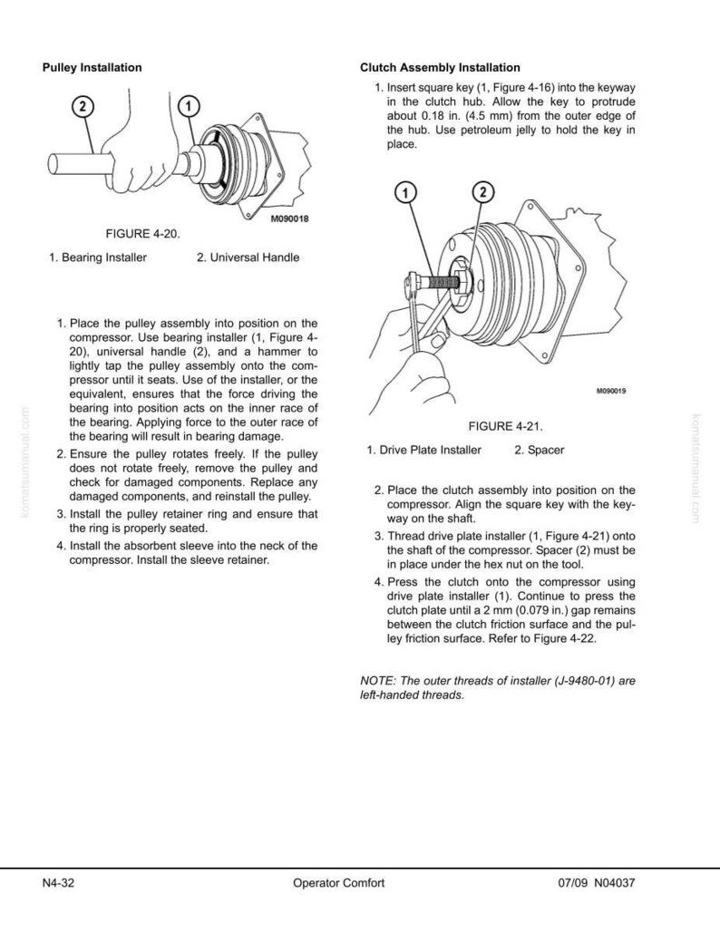 May include: Diagrams illustrating pulley and clutch assembly installation procedures. Figure 4-20 shows a bearing installer and universal handle. Figure 4-21 depicts a drive plate installer and spacer. Instructions and measurements are included.
