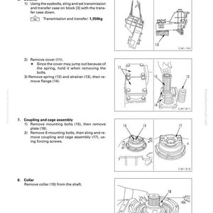 May include: Diagram of a transfer case disassembly and assembly process. The image includes detailed illustrations of various components, including a strainer, cover, spring, and collar. Text labels and numbers identify each part for clarity. The total transmission and transfer weight is 1,350kg.