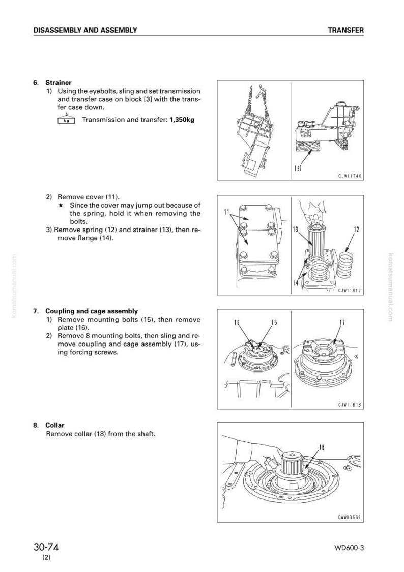 May include: Diagram of a transfer case disassembly and assembly process. The image includes detailed illustrations of various components, including a strainer, cover, spring, and collar. Text labels and numbers identify each part for clarity. The total transmission and transfer weight is 1,350kg.
