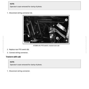 May include: Diagram illustrating the replacement of a rear PTO switch on a tractor. The image includes a close-up of the wiring and switch components, labeled with letters and numbers for identification. Text instructions are also included.
