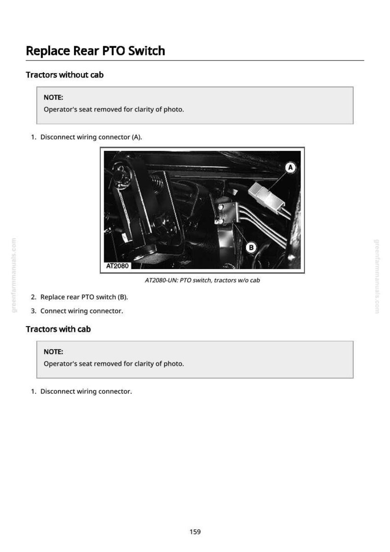 May include: Diagram illustrating the replacement of a rear PTO switch on a tractor. The image includes a close-up of the wiring and switch components, labeled with letters and numbers for identification. Text instructions are also included.