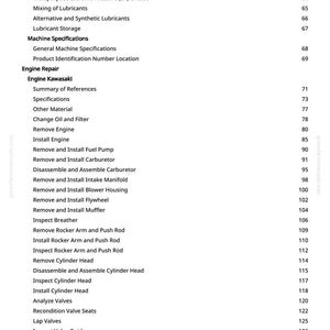 May include: A page from a manual with a list of engine repair topics. The topics include oil filters, fuel, and engine repair procedures. The page also lists specifications and other related materials.