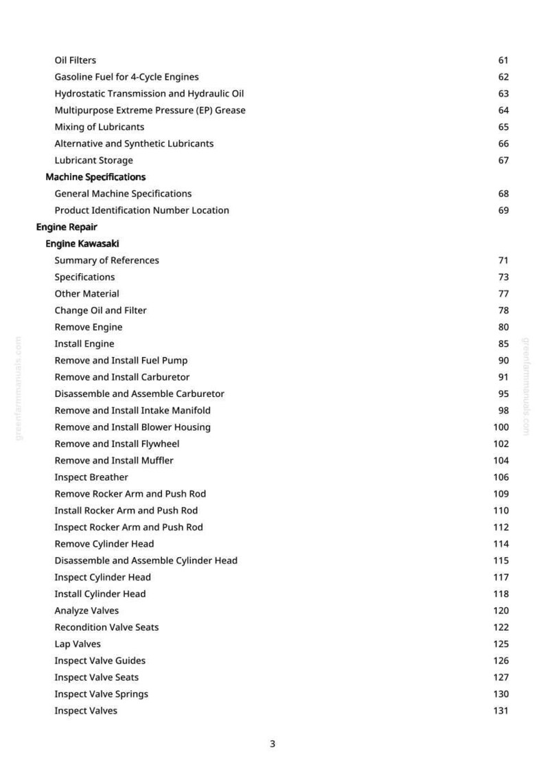 May include: A page from a manual with a list of engine repair topics. The topics include oil filters, fuel, and engine repair procedures. The page also lists specifications and other related materials.