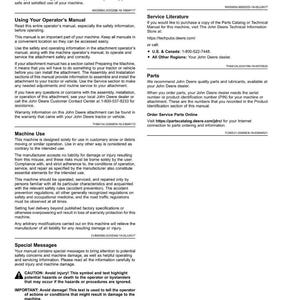 Puede incluir: Una p&aacute;gina del manual de la m&aacute;quina John Deere con el t&iacute;tulo "Introducci&oacute;n". El texto incluye advertencias de seguridad, instrucciones de funcionamiento e informaci&oacute;n de contacto para piezas y servicio. El manual est&aacute; impreso en papel blanco.