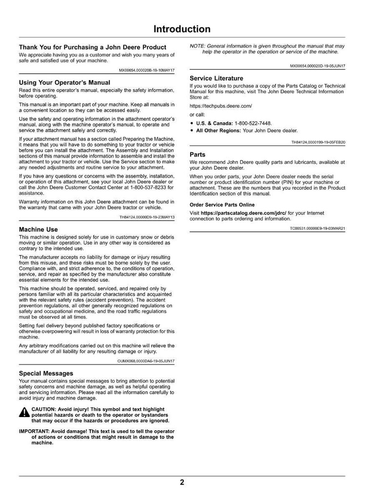 Puede incluir: Una p&aacute;gina del manual de la m&aacute;quina John Deere con el t&iacute;tulo "Introducci&oacute;n". El texto incluye advertencias de seguridad, instrucciones de funcionamiento e informaci&oacute;n de contacto para piezas y servicio. El manual est&aacute; impreso en papel blanco.