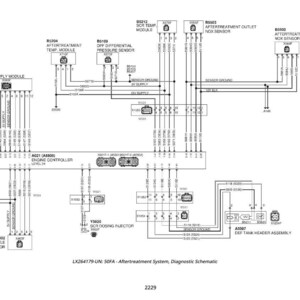 May include: A detailed black and white diagnostic schematic of an aftertreatment system, including modules, sensors, and an engine controller. The diagram includes text labels and connector pinouts for various components.