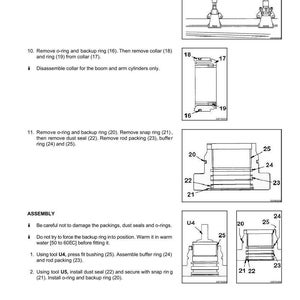 Op de afbeelding: Diagram van demontage en montage van een hydraulische cilinder. De afbeelding bevat gedetailleerde illustraties van componenten zoals kragen, ringen, afdichtingen en pakkingen, elk genummerd. Tekstinstructies begeleiden de diagrammen.
