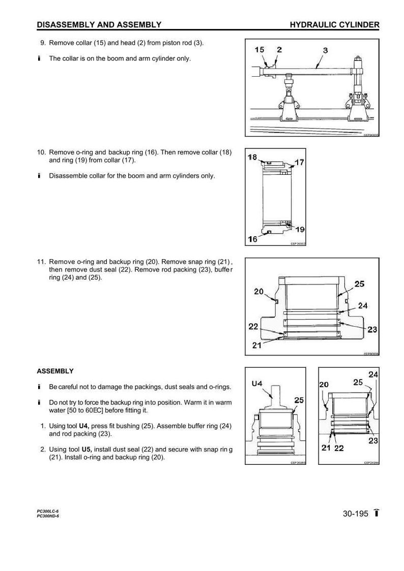 Op de afbeelding: Diagram van demontage en montage van een hydraulische cilinder. De afbeelding bevat gedetailleerde illustraties van componenten zoals kragen, ringen, afdichtingen en pakkingen, elk genummerd. Tekstinstructies begeleiden de diagrammen.