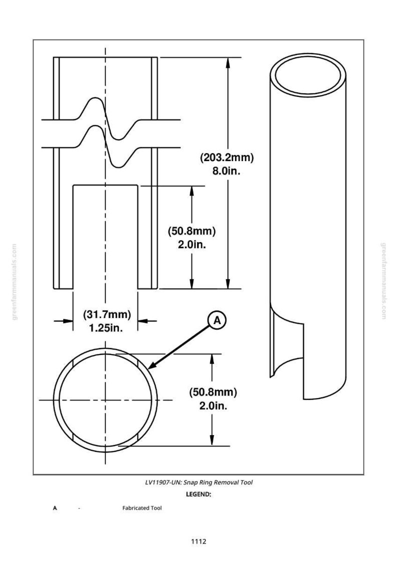 May include: Technical drawing of a snap ring removal tool, showing dimensions in both inches and millimeters. The tool is cylindrical with a notched section and a circular cross-section. The text reads "LV11907-UN: Snap Ring Removal Tool."