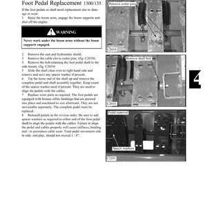 May include: A grayscale diagram titled "Foot Pedals 4.2" with instructions for foot pedal replacement. The image includes close-up photos of components, labeled with text and part numbers, and a warning about safety.