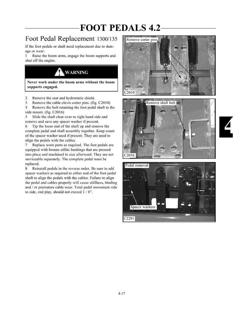 May include: A grayscale diagram titled "Foot Pedals 4.2" with instructions for foot pedal replacement. The image includes close-up photos of components, labeled with text and part numbers, and a warning about safety.