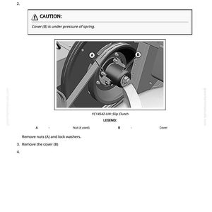 May include: Diagram illustrating the removal and installation of a slip clutch. The image shows a mechanical component with labeled parts A and B, along with the text "CAUTION: Cover (B) is under pressure of spring."