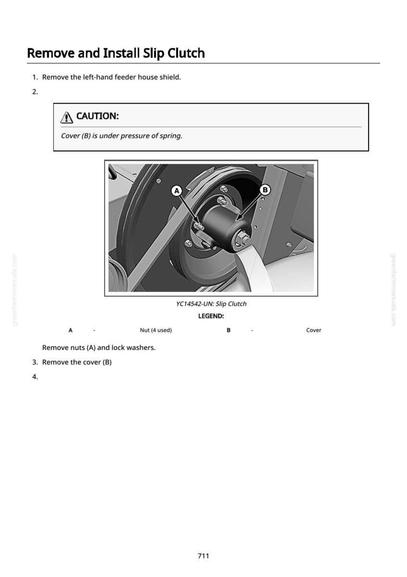 May include: Diagram illustrating the removal and installation of a slip clutch. The image shows a mechanical component with labeled parts A and B, along with the text "CAUTION: Cover (B) is under pressure of spring."