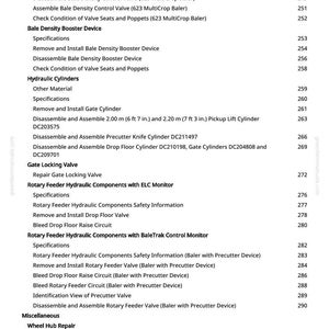 Puede incluir: Una tabla de contenido detallada de un manual, que enumera los procedimientos para la reparaci&oacute;n y el mantenimiento de maquinaria agr&iacute;cola. Los temas incluyen el control de la densidad de la paca, los cilindros hidr&aacute;ulicos y la reparaci&oacute;n del cubo de la rueda. Los n&uacute;meros de p&aacute;gina est&aacute;n a la derecha.