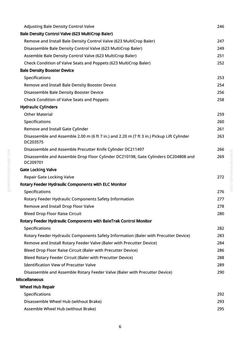 Puede incluir: Una tabla de contenido detallada de un manual, que enumera los procedimientos para la reparaci&oacute;n y el mantenimiento de maquinaria agr&iacute;cola. Los temas incluyen el control de la densidad de la paca, los cilindros hidr&aacute;ulicos y la reparaci&oacute;n del cubo de la rueda. Los n&uacute;meros de p&aacute;gina est&aacute;n a la derecha.