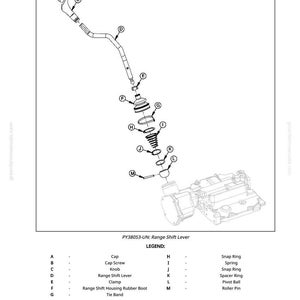 May include: An exploded diagram of a Range Shift Lever assembly, labeled with letters and corresponding part names. The diagram includes a cap, screws, knob, lever, clamp, rubber boot, tie band, snap rings, spring, spacer ring, pivot ball, and roller pin.