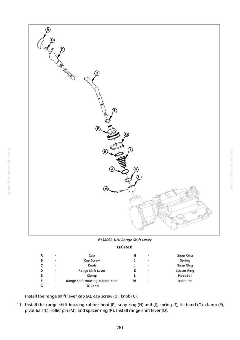 May include: An exploded diagram of a Range Shift Lever assembly, labeled with letters and corresponding part names. The diagram includes a cap, screws, knob, lever, clamp, rubber boot, tie band, snap rings, spring, spacer ring, pivot ball, and roller pin.