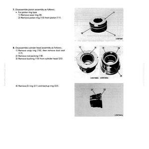 Puede incluir: Diagrama de instrucciones de desmontaje y montaje del cilindro de direcci&oacute;n. La imagen muestra ilustraciones detalladas de varias piezas, incluyendo anillos de pist&oacute;n, culatas y juntas t&oacute;ricas, con etiquetas y n&uacute;meros de pieza.
