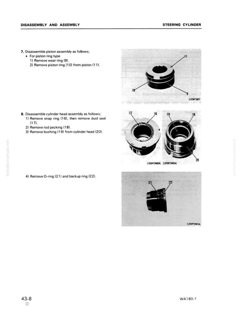 Puede incluir: Diagrama de instrucciones de desmontaje y montaje del cilindro de direcci&oacute;n. La imagen muestra ilustraciones detalladas de varias piezas, incluyendo anillos de pist&oacute;n, culatas y juntas t&oacute;ricas, con etiquetas y n&uacute;meros de pieza.