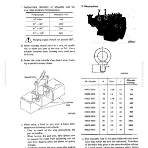 May include: Technical diagram from a manual, featuring illustrations of hanging bolts, a special hook, and a cylinder head. Includes a table detailing part numbers, dimensions, and allowable loads in kilograms.