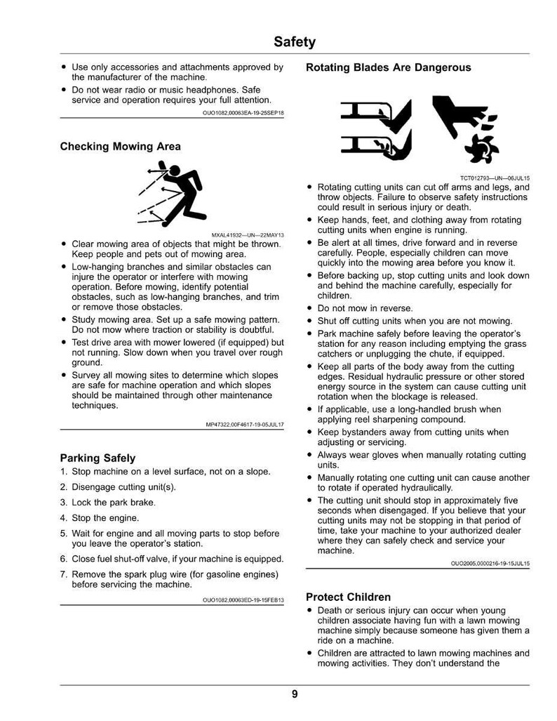 May include: A safety manual page with the title "Safety" and sections on "Rotating Blades Are Dangerous" and "Checking Mowing Area." The page contains safety instructions, warnings, and diagrams related to lawn mower operation and maintenance.