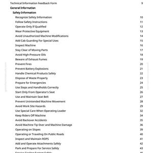 Pu&ograve; includere: Una pagina bianca con un sommario nero per un manuale. Il titolo "Sommario" &egrave; in alto, seguito da un elenco di argomenti tra cui "Informazioni sulla sicurezza" e "Funzionamento su pendii". I numeri di pagina sono elencati a destra.