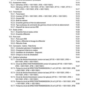 May include: A detailed table of contents in French, featuring technical specifications, engine accessories, and hydraulic systems. The document includes page numbers and various sub-sections for easy navigation. The text is in black font.