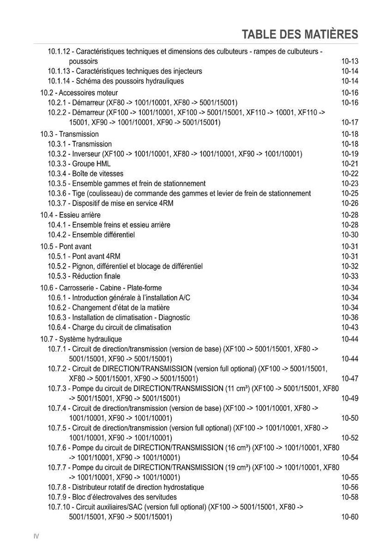 May include: A detailed table of contents in French, featuring technical specifications, engine accessories, and hydraulic systems. The document includes page numbers and various sub-sections for easy navigation. The text is in black font.