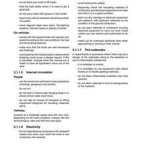 May include: A page from a safety manual with text on lifting, carrying, internal circulation, electricity, and fire safety. The document includes bullet points with safety guidelines and regulations. The top right corner has a stylized logo.