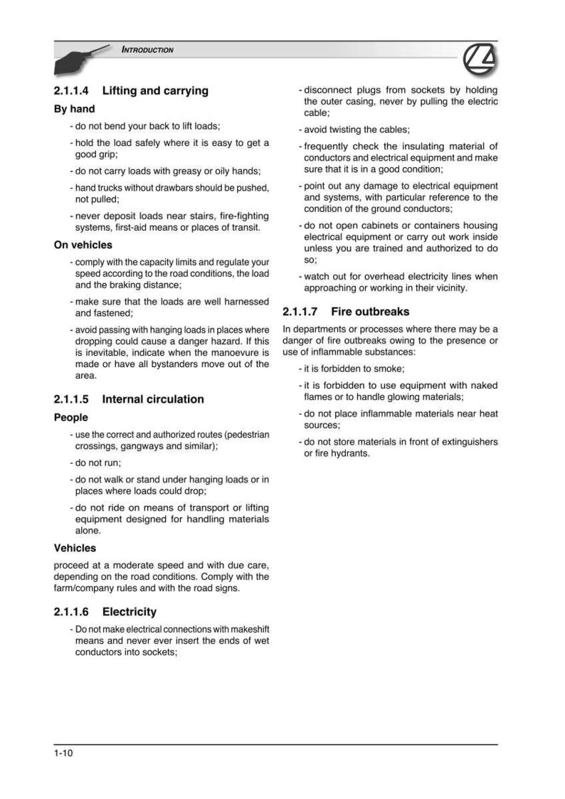 May include: A page from a safety manual with text on lifting, carrying, internal circulation, electricity, and fire safety. The document includes bullet points with safety guidelines and regulations. The top right corner has a stylized logo.