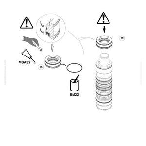 May include: Diagram of Komatsu parts with labels and symbols. Includes a hand applying a substance with MSA32, a container labeled EM22, and various mechanical components. Warning symbols are present.